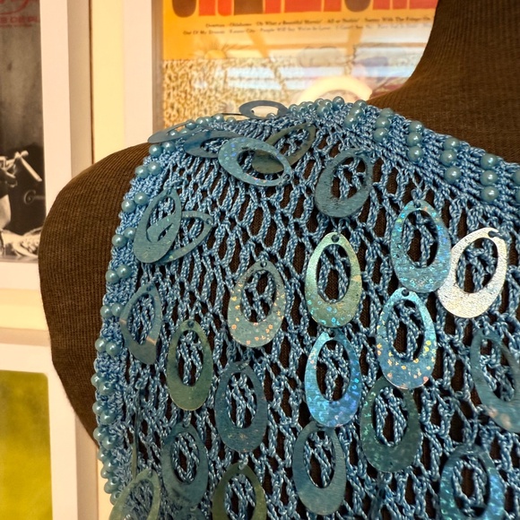 Vintage 90s Teal Crochet Sequin Tank Top - Picture 5 of 5